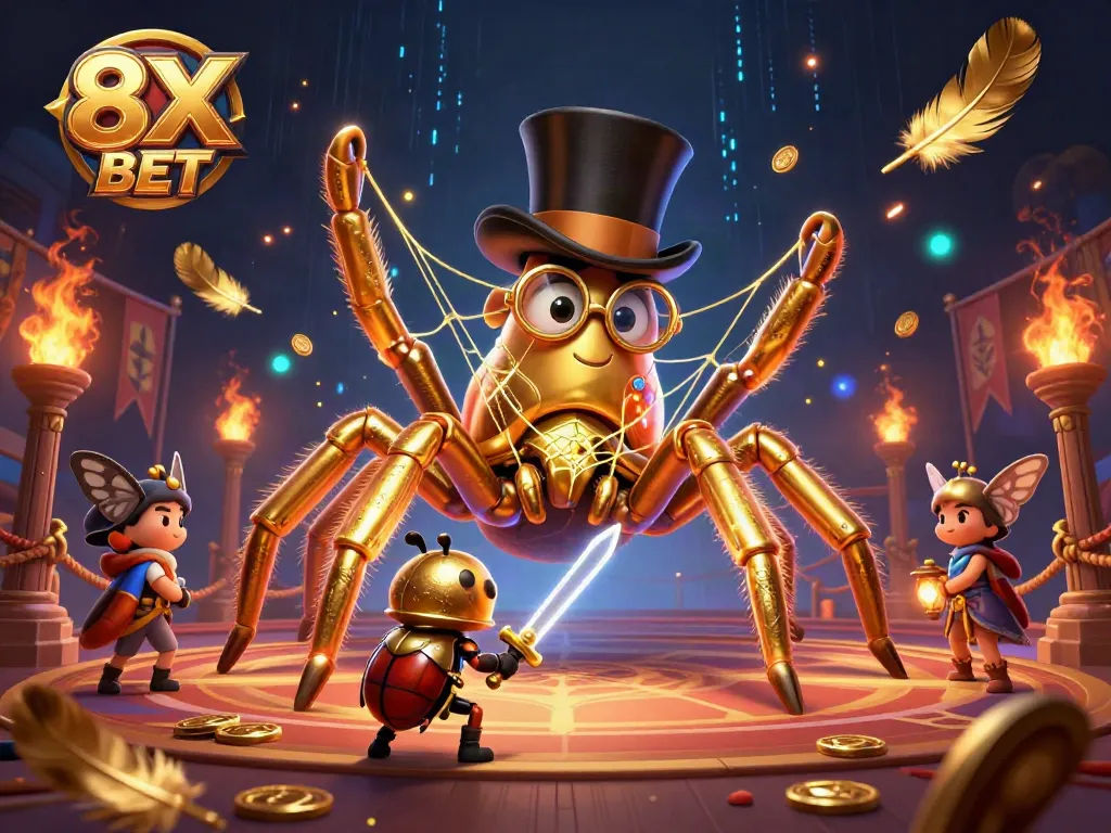 Engage with thrilling games at 8X BET, where a brave beetle knight encounters a majestic tarantula in a vibrant casino.