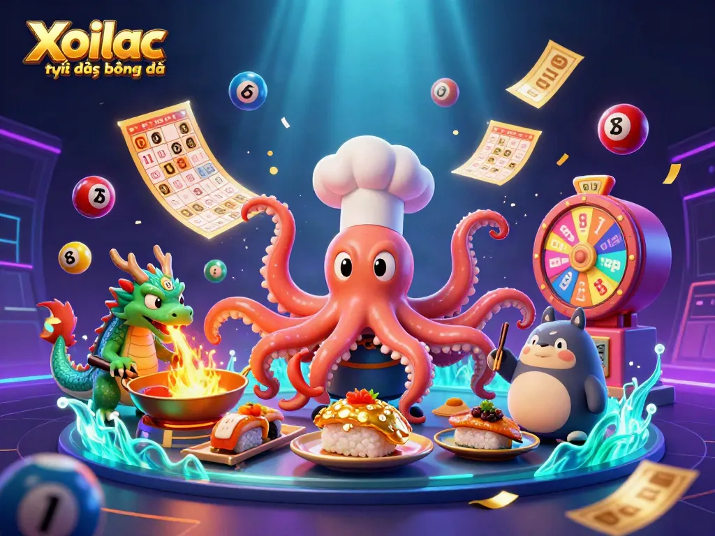 Xoilac trực tiếp bóng đá features an octopus chef, dragon, and tanuki surrounded by colorful lottery elements in a vibrant scene.
