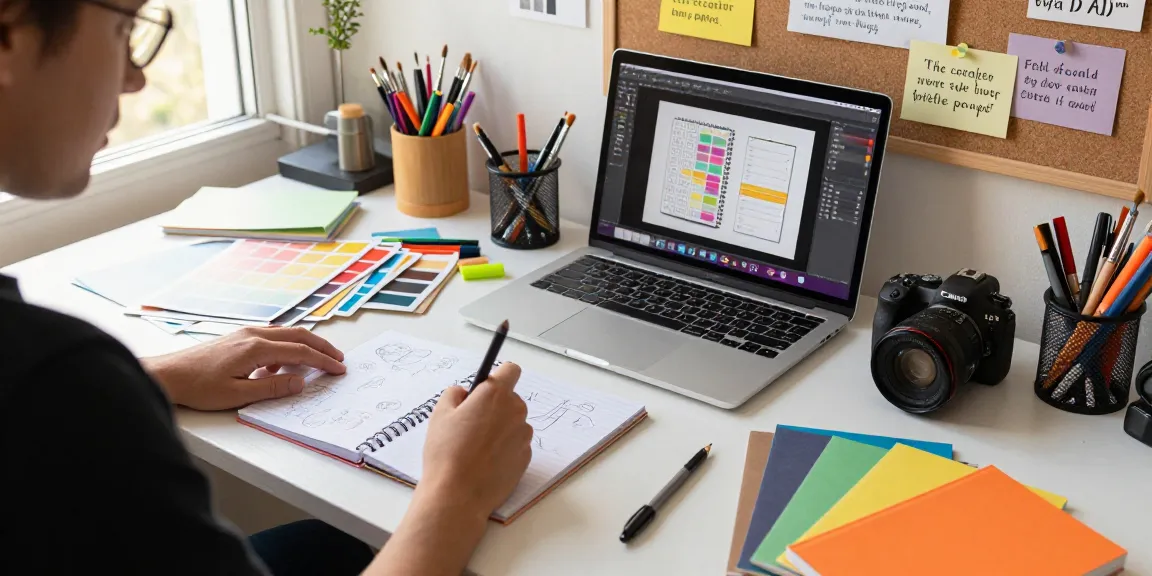 Creative professional designing custom printed notebooks with colorful materials in an inspiring workspace.