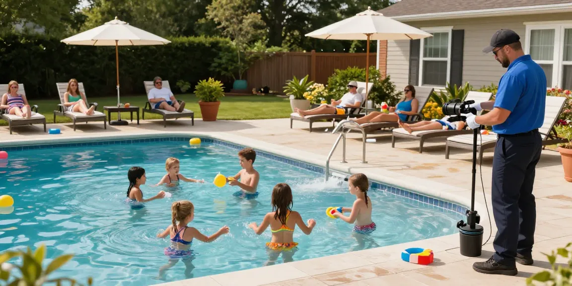 Dolphin Pool Services ensuring joy and maintenance in suburban Virginia pool with family enjoying summer fun.