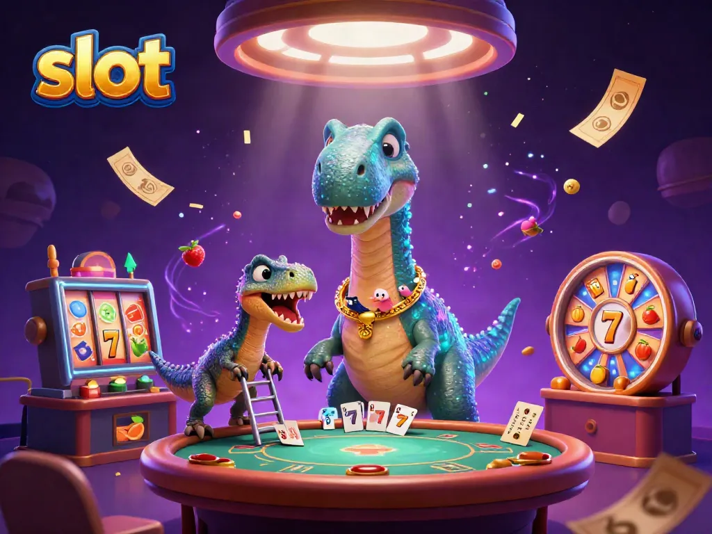 Experience thrilling slot excitement with a cartoon brontosaurus and raptor in a vibrant casino scene.