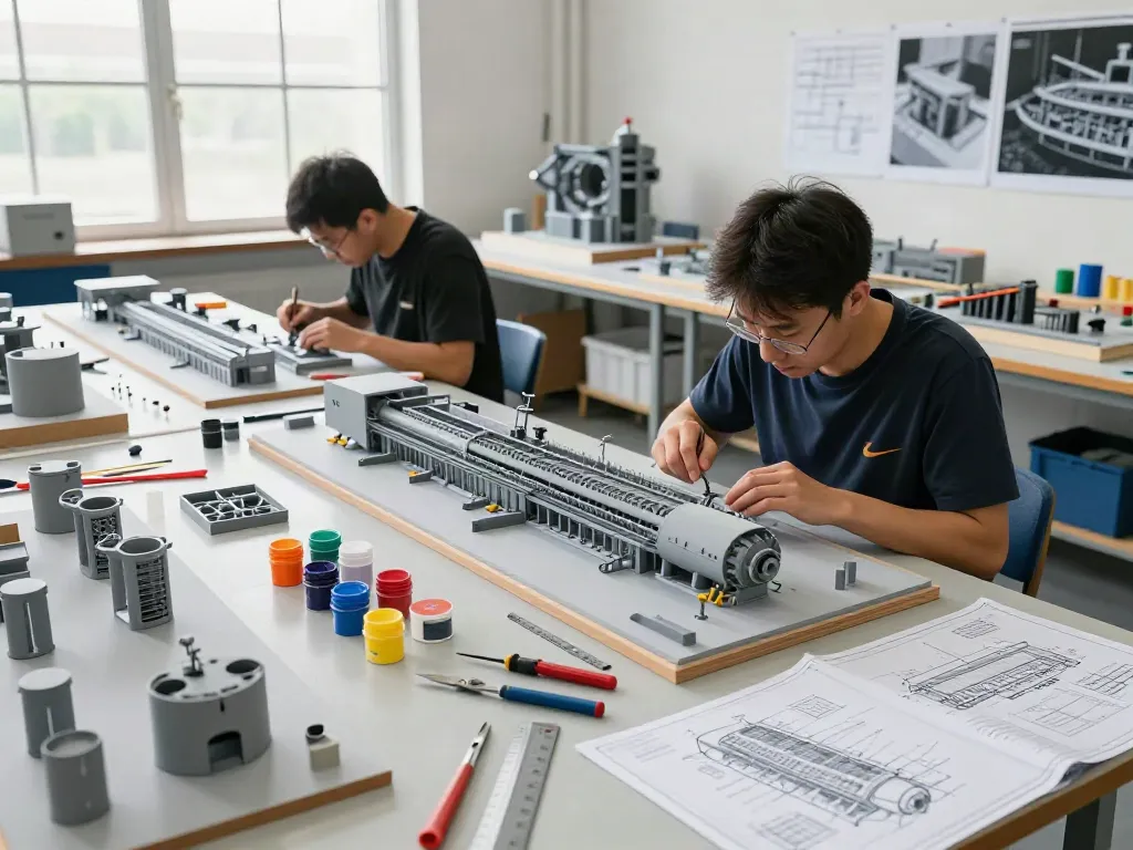 Industrie Modellbau: Handwerker bei der Erstellung maßstabsgetreuer Modelle in einer hellen Werkstatt.