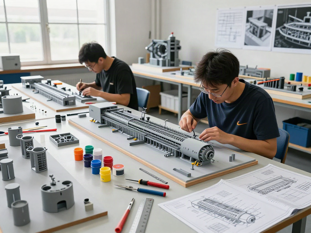 Industrie Modellbau: Handwerker bei der Erstellung maßstabsgetreuer Modelle in einer hellen Werkstatt.
