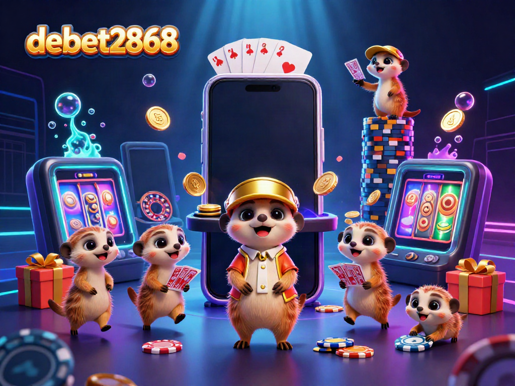 Experience the vibrant gaming world of debet2868 with meerkats running a lively casino scene.