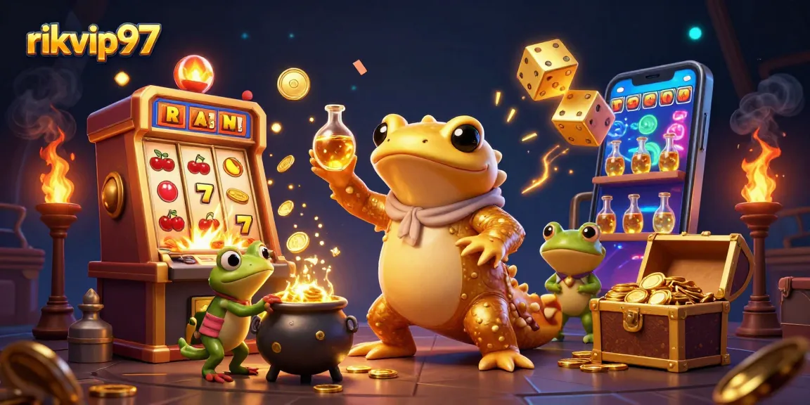 Experience the magic of rikvip97 slots with a vibrant 3D casino illustration featuring golden elements.