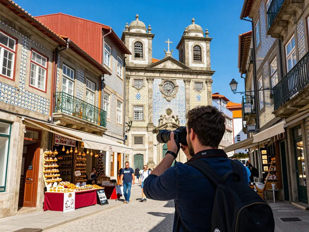 Reisetipps Porto: Reisender entdeckt lebhafte Straßen und historische Architektur in Porto, Portugal.