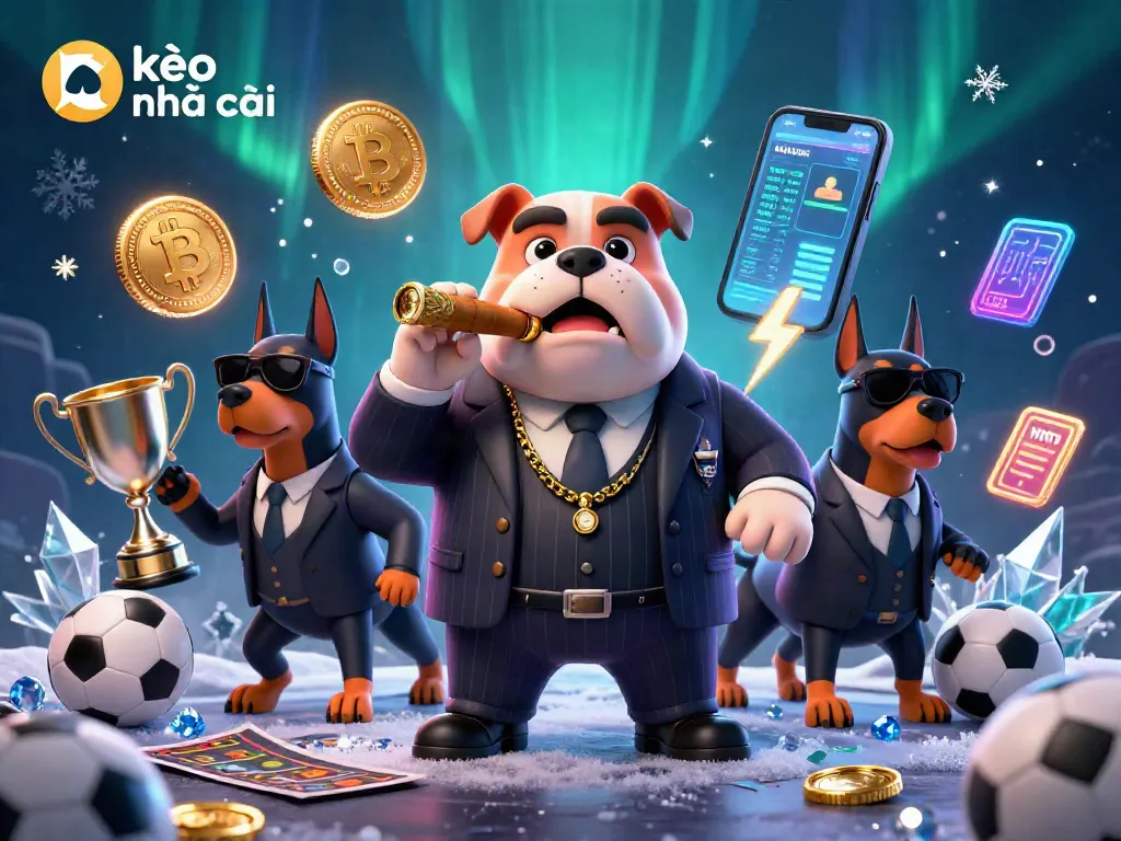 Engage with kèo nhà cái as a cartoon bulldog orchestrates sports betting, flanked by bodyguard Dobermans amidst dynamic game elements.