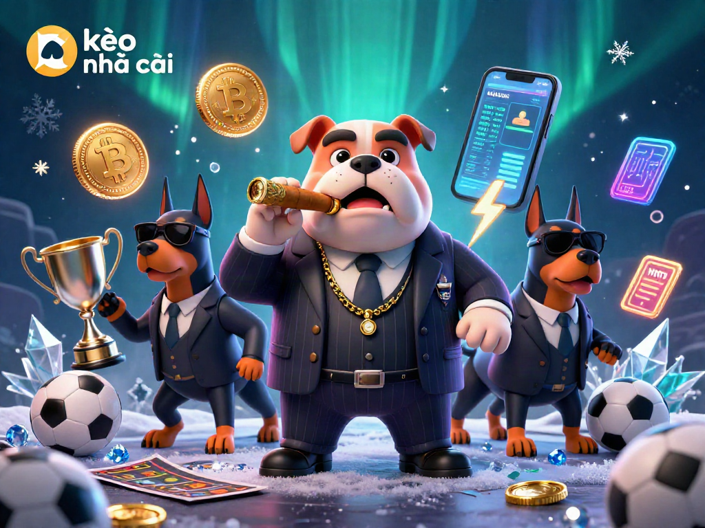 Engage with kèo nhà cái as a cartoon bulldog orchestrates sports betting, flanked by bodyguard Dobermans amidst dynamic game elements.