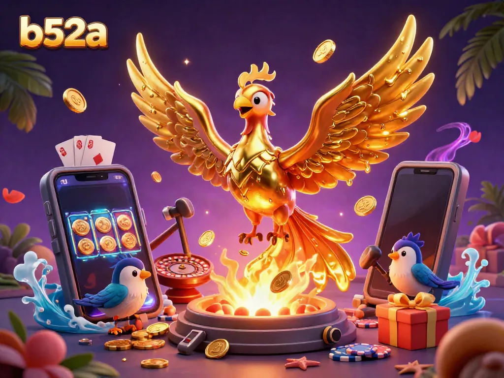 Experience the thrill of gaming at b52a with a magical phoenix and vibrant casino elements.