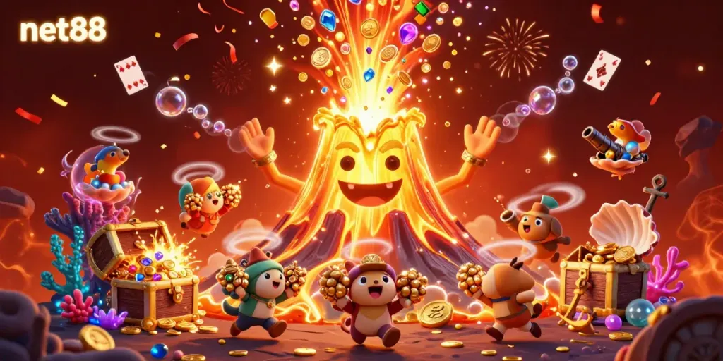 Experience thrilling moments with Net88 and treasure in this vibrant 3D casino-themed illustration.