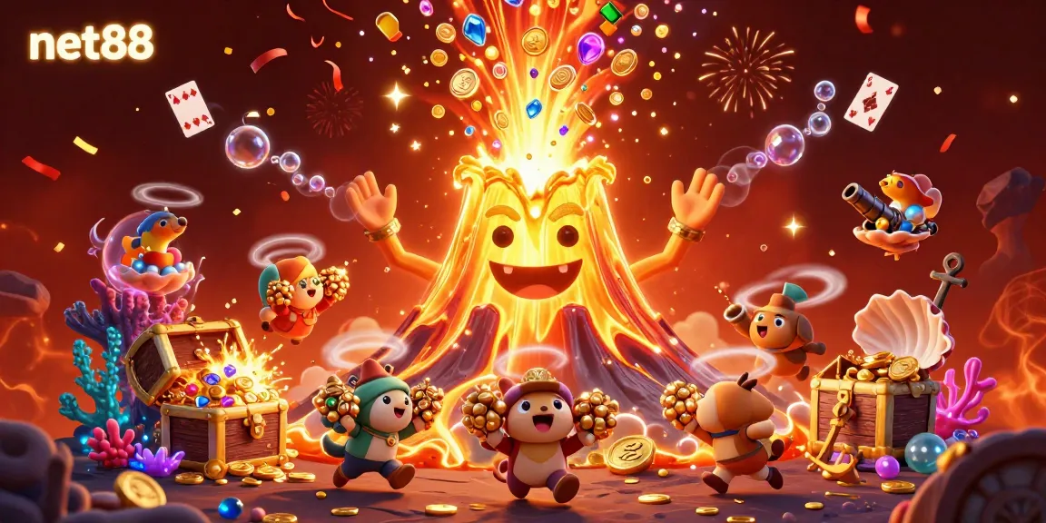 Experience thrilling moments with Net88 and treasure in this vibrant 3D casino-themed illustration.