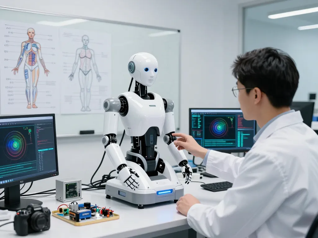 Engineer testing a cutting-edge sex bot prototype in a modern robotics lab