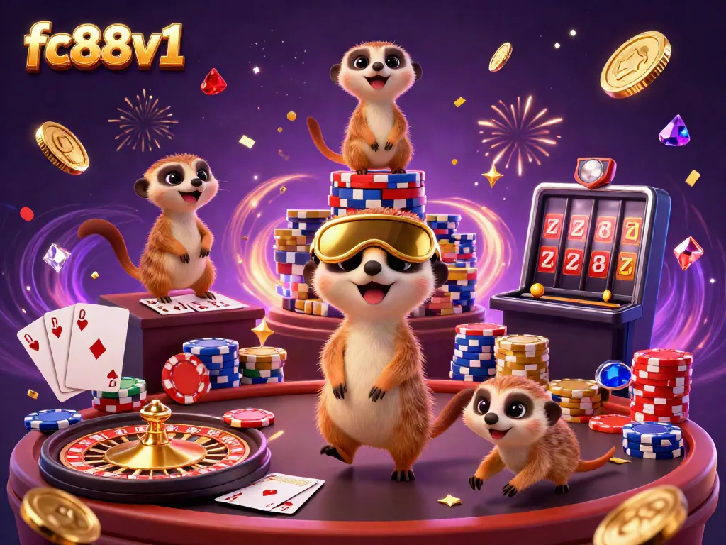 Experience the thrilling gaming world of fc88v1 with meerkats managing a bustling casino amidst a whirlwind of coins and excitement.