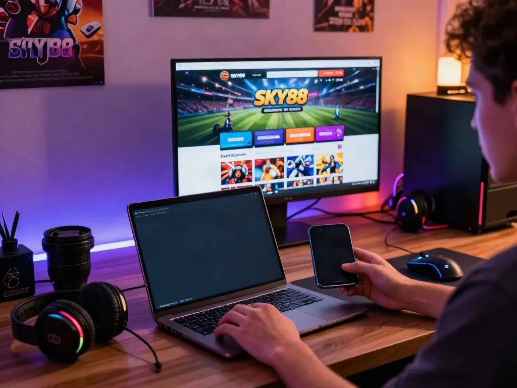 Engaging user on SKY88 platform during online gaming experience, showcasing vibrant gaming accessories and atmosphere.