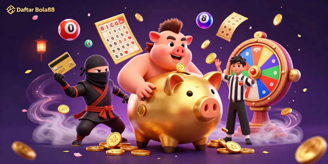 Engage with Daftar Bola88 as the golden piggy bank sumo wrestler celebrates big wins surrounded by colorful symbols and lottery elements.