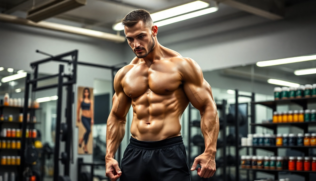 Sportler im Fitnessstudio mit Unique Pharma Steroids und Supplements zur Leistungssteigerung.