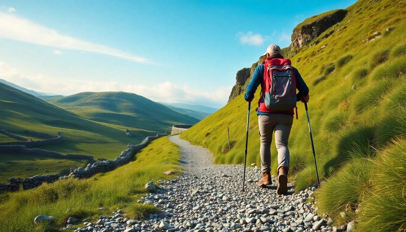 Wanderreise Irland mit einem Wanderer auf einem malerischen Pfad in der grünen Natur Irlands.