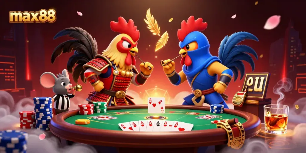 Engaging max88 scene with fighting roosters at a poker table, showcasing vibrant casino elements.