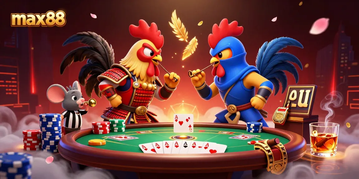 Engaging max88 scene with fighting roosters at a poker table, showcasing vibrant casino elements.