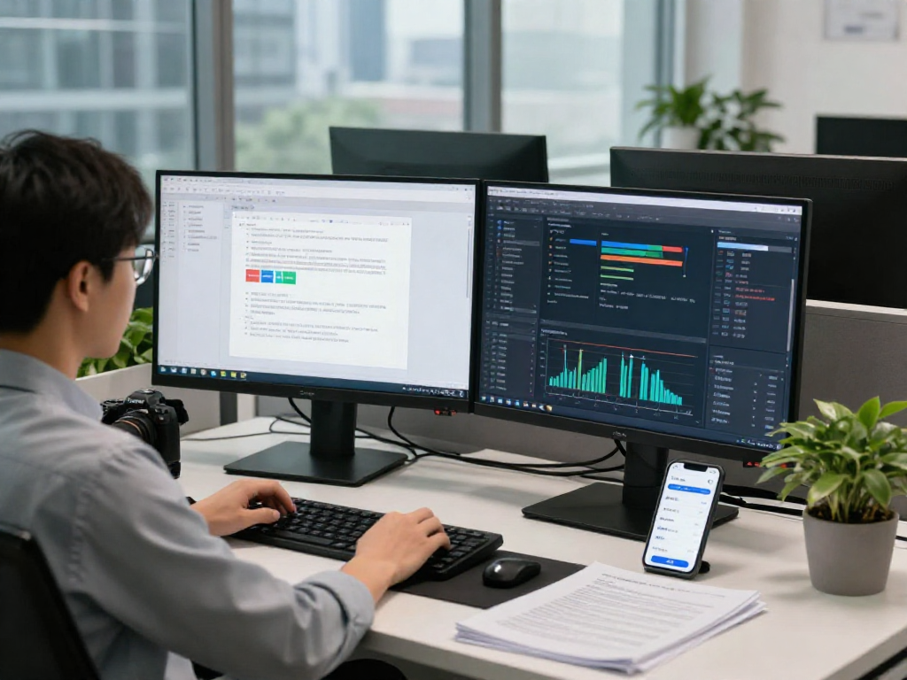 Advanced document fraud detection analysis in a high-tech office setting with focused analyst using sophisticated software.
