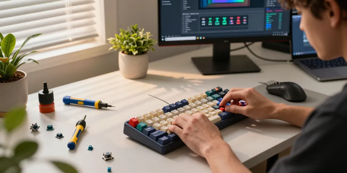 Assembling a 75% Keyboard with colorful keycaps and modern tools in a bright workspace.