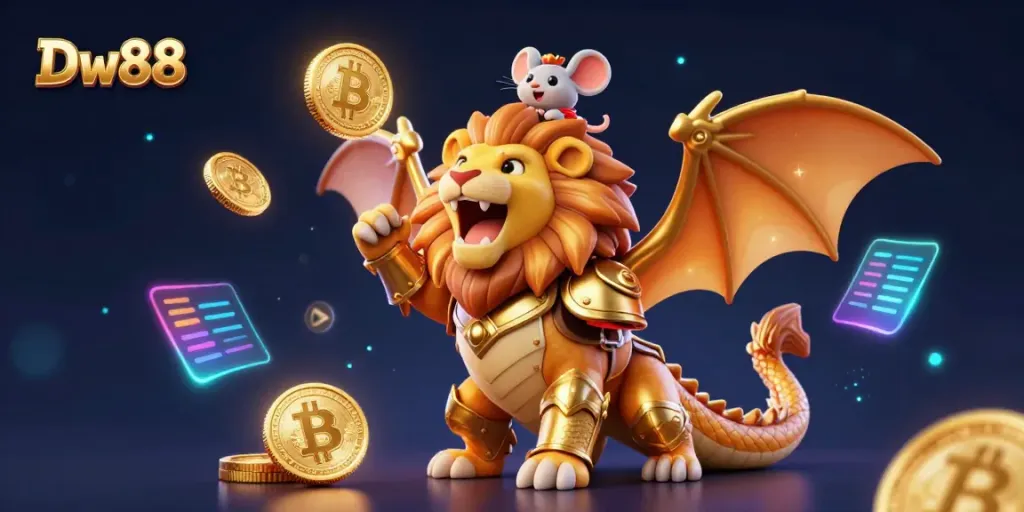 Experience thrilling wins at Dw88 with a dynamic casino scene featuring a chimera and vibrant cryptocurrency elements.