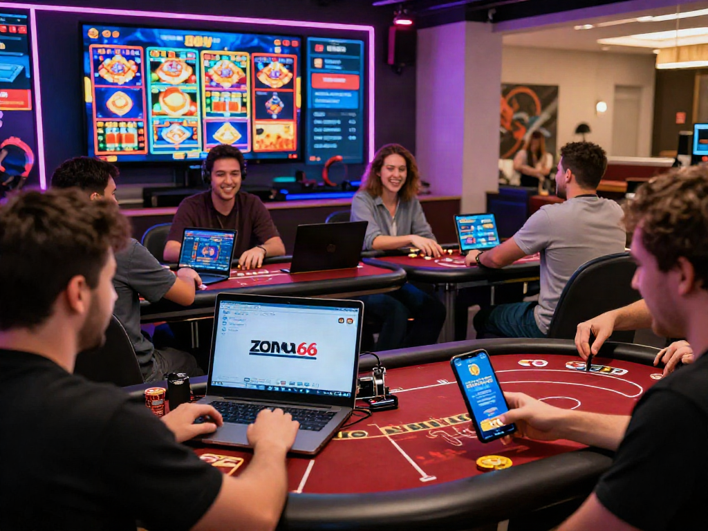 ZONA66 online gaming scene with players enjoying vibrant virtual casino, showcasing excitement and community.