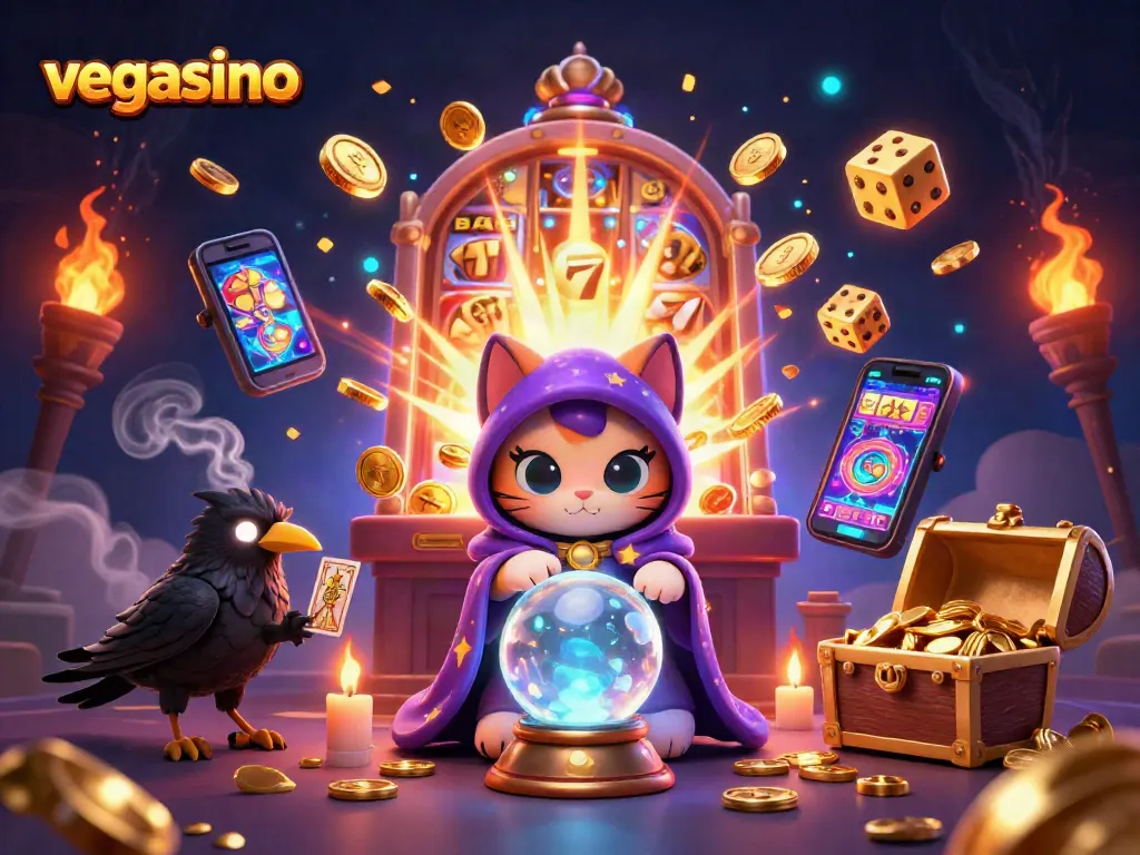 Experience thrilling gameplay at vegasino with colorful slots, a mystic cat, and exciting casino action.