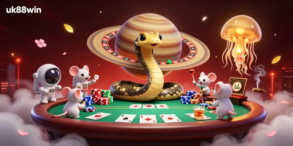 Engaging cosmic betting scene featuring uk88win with tiny astronaut mice betting around a roulette wheel-like Saturn ring.