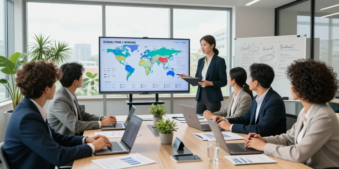 Team of financial professionals discussing global project fund lending strategies in a modern office.