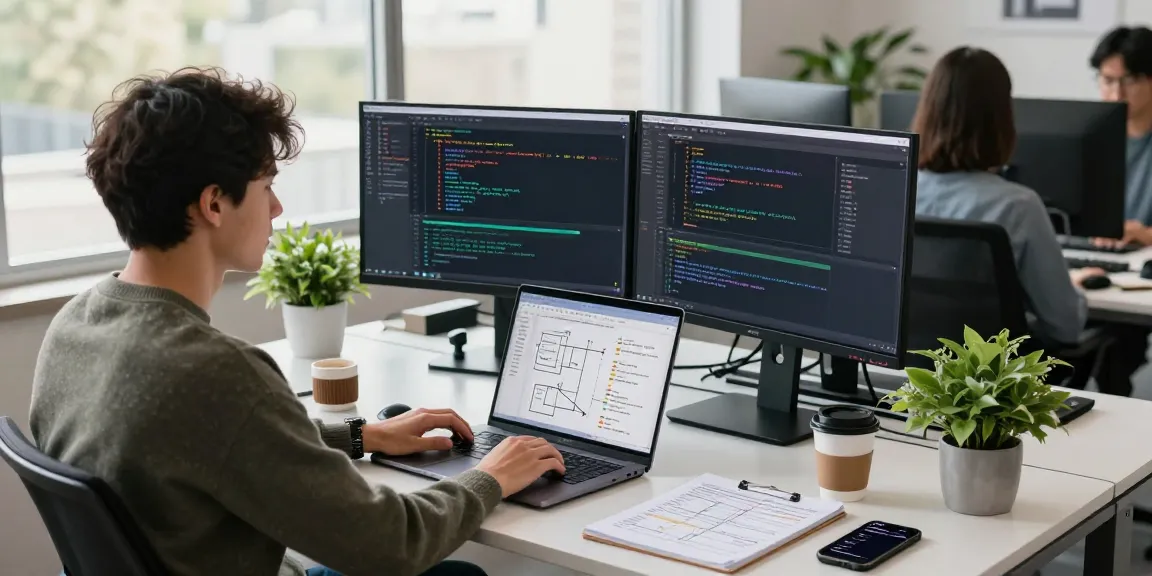 Developer focused on building internal tools with AI in a modern office environment.