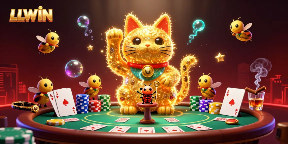 Engage with LLWIN's vibrant gaming experience featuring a golden lucky cat and poker elements.