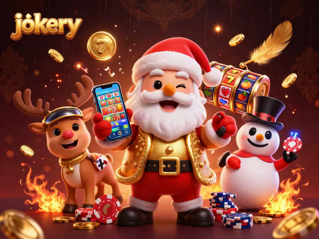 Spin the reels at jokery casino with Santa, reindeer, and snowman in a festive 3D scene.