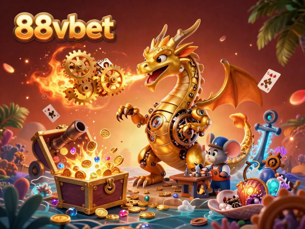 Explore the thrilling underwater treasures of 88vbet with a 3D dragon spewing golden gears.