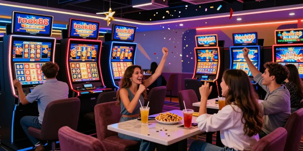 Exciting gaming experience with friends at rokok88 digital slots, vibrant casino atmosphere.