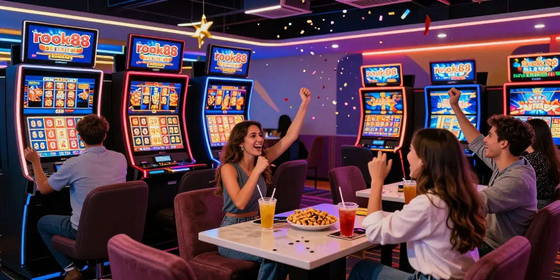 Exciting gaming experience with friends at rokok88 digital slots, vibrant casino atmosphere.