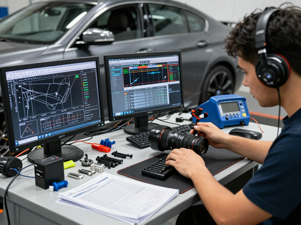 Chiptuning Hannover: Fachtechniker optimiert BMW-Motor mit speziellen Geräten in professioneller Auto-Werkstatt.