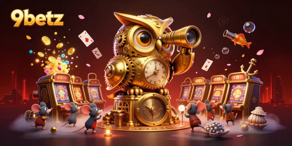 Experience the vibrant excitement of 9betz casino with golden owl and lively gaming elements.