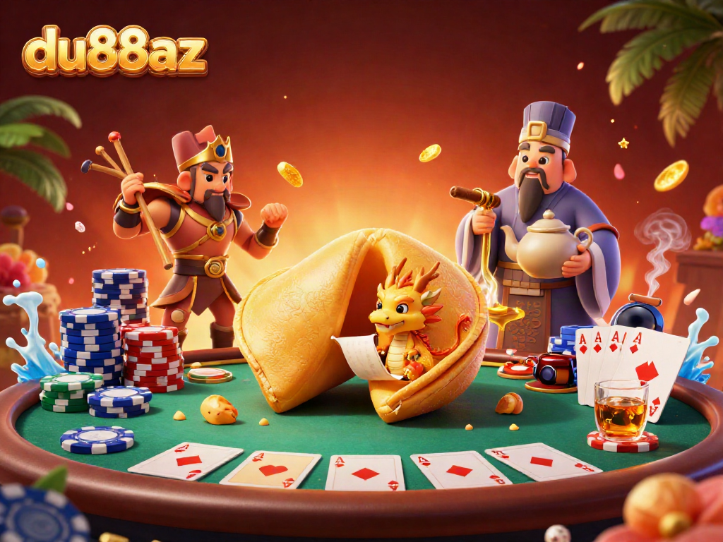 Engage in thrilling gameplay with du88az at this colorful 3D casino scene full of poker excitement.
