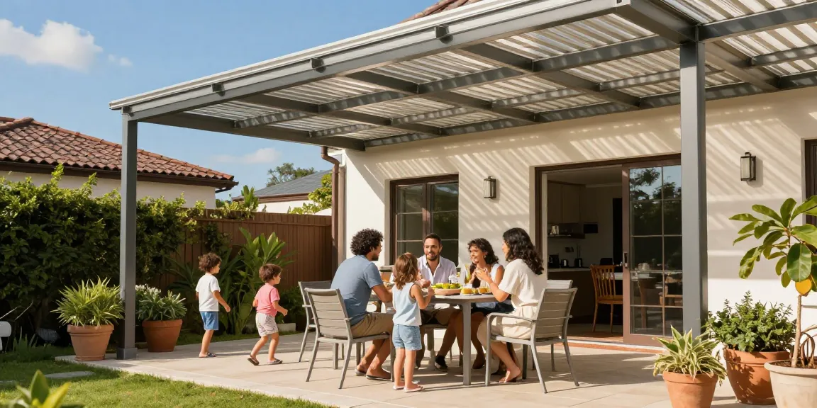Familie genießt Zeit unter einer Terrassenüberdachung in einem modernen Garten.
