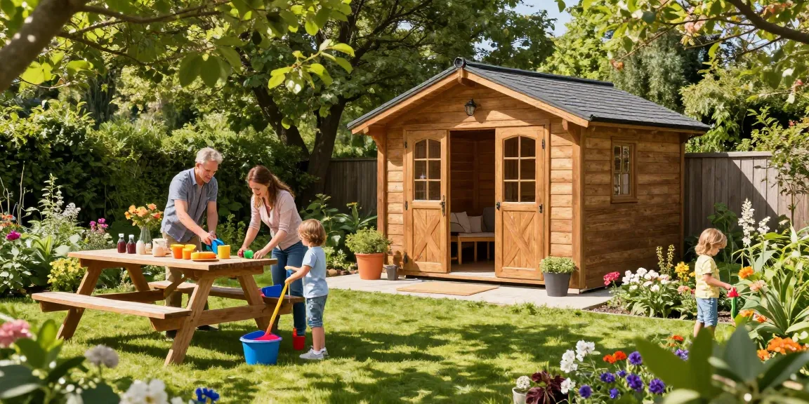 Schöne Gartenhäuser im Hintergrund mit Familie, die im Garten spielt und Möbel aufstellt.