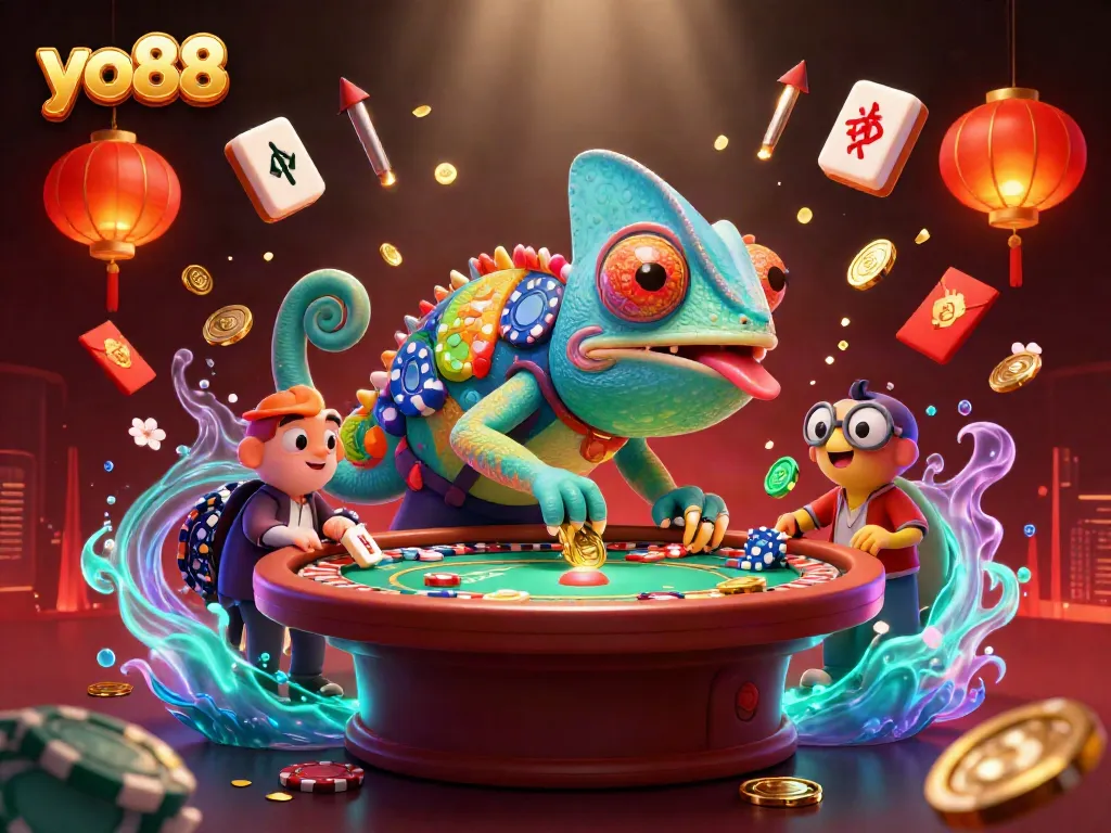 Experience the vibrant world of yo88 with dynamic casino elements and a colorful chameleon character.