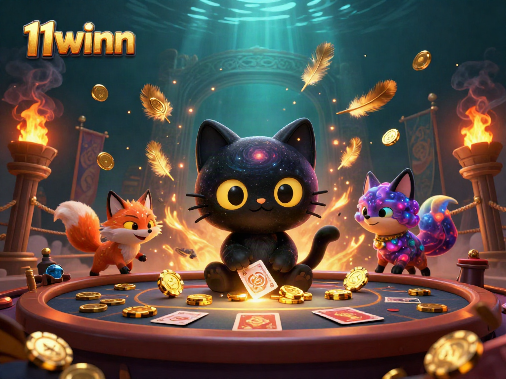 Engage with 11winn as a black hole cat draws in golden chips at an animated cosmic casino table.