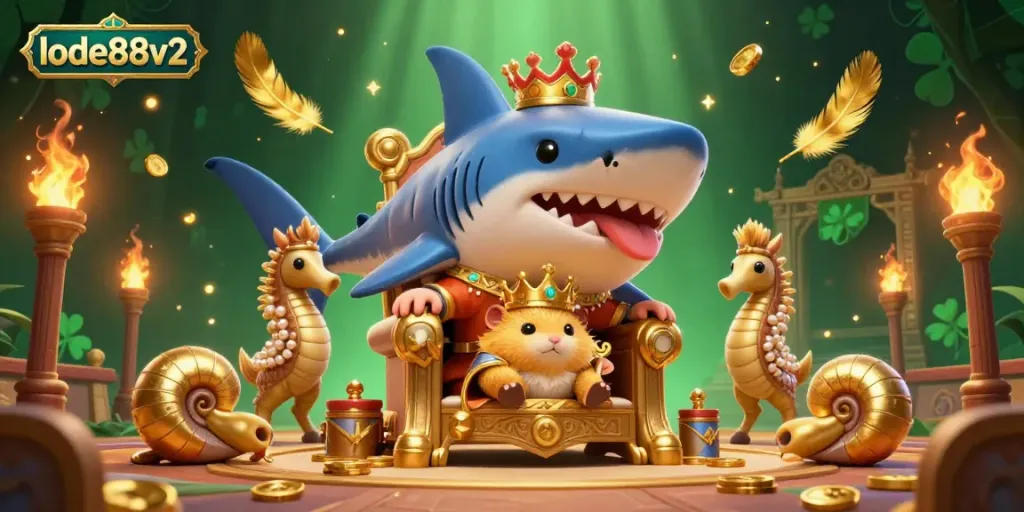 Experience thrilling moments at lode88v2 with a dynamic 3D scene featuring royal characters amidst a vibrant casino atmosphere.