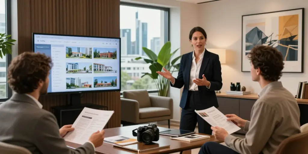 Professioneller Immobilienmakler in Frankfurt präsentiert Luxusimmobilien, umgeben von potenziellen Käufern in modernem Büro.