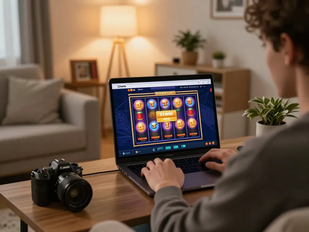 Player enjoying 32win online casino game at home in a cozy setting, showcasing excitement of online gambling