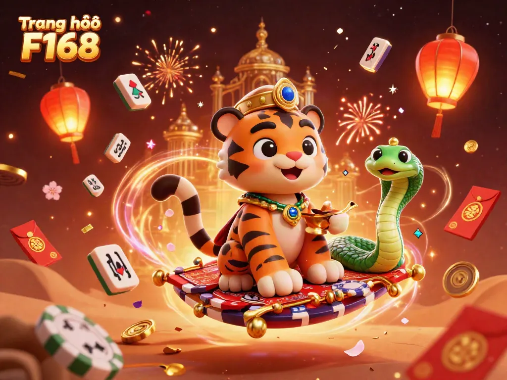 Experience the magic of Trang chủ F168 with a tiger sultan on a flying carpet amidst dynamic gambling elements.