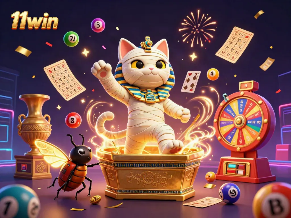 Engage with the vibrant world of 11win, where an Egyptian mummy cat and scarab beetle celebrate with lottery elements.