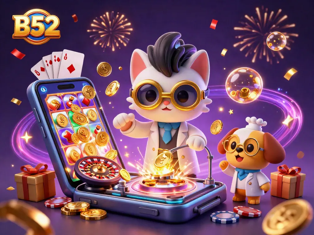 Engage with B52-style gaming thrills through wild scientist cat and loyal dog creating wealth in a casino lab.