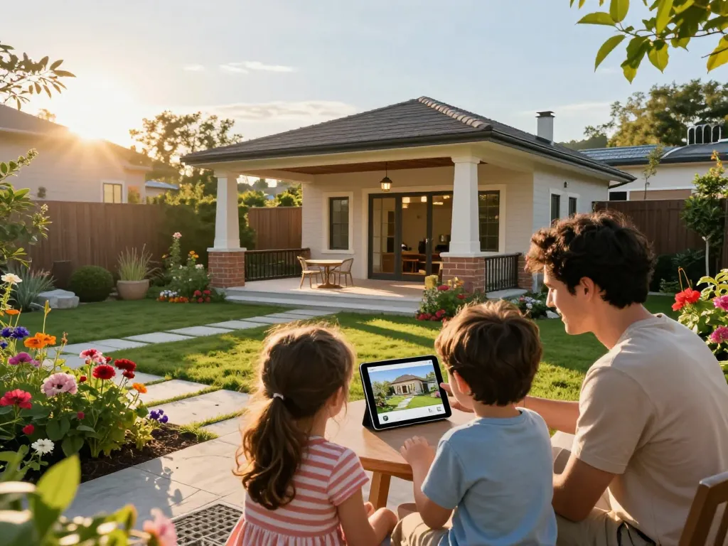 Familie verwendet einen Veranda 3D Konfigurator, um ihr neues Wohnungsdesign im Garten zu visualisieren.